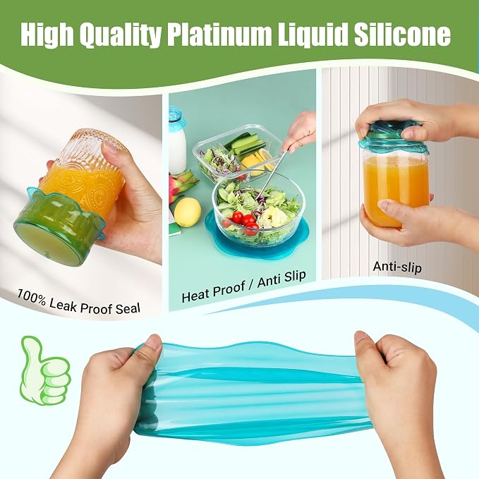 Silicone Stretch Lids for Food Storage in Fridge, Reusable Elastic Bowl Covers for Cup, Cans, Jars, Round & Rectangle Container, Food Grade Silicone Microwave Food Cover, Heat-Resistant, Blue, 6PCS