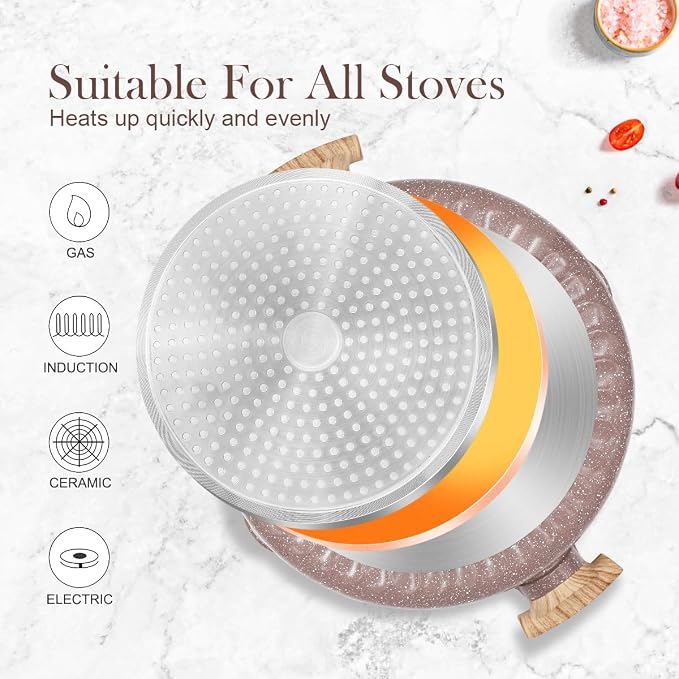 AIKENBBKK Ceramic Frying Pan with Lid, 14 Inch Saute Pan, Non Stick Frying Pans, 2-In-1 Large Cooking Pan, Nonstick Skillet, Compatible with All Stoves, PTFE & PFOA Free, Brown