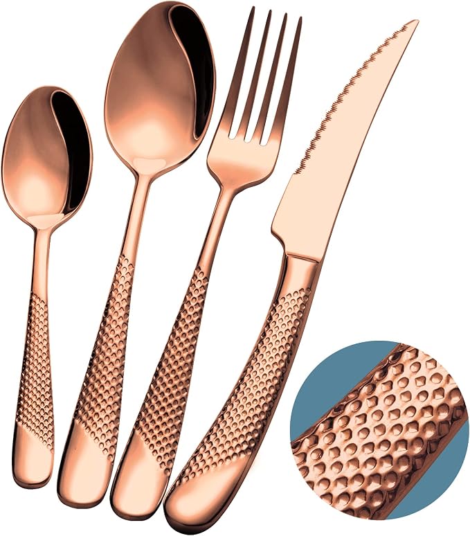 16-Pc Modern Copper Hammered 18/10 Stainless Steel Silverware Set | Ultra Sharp 2-IN-1 Serrated Knives, Ergonomic Non-Slip Handles, Service for 4, Rust Resistant, Dishwasher Safe