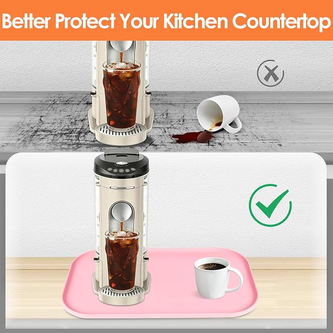 Silicone Coffee Maker Mat with Lip for Countertops 17.4'' x 10.6'' Pink | Multi leak-proof coffee tray for countertop, non-slip silicone mat fits most coffee makers & espresso machines, wipe-clean