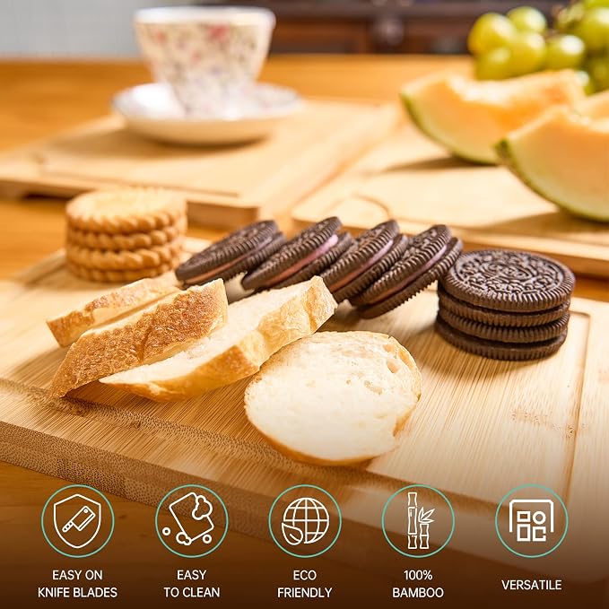 Bamboo Cutting Boards for Kitchen, Wood Cutting Board with Holder, Bamboo Cutting Board Set Reversible with Juice Grooves for Meat Cheese Fruit and Vegetables (Four Piece Set)