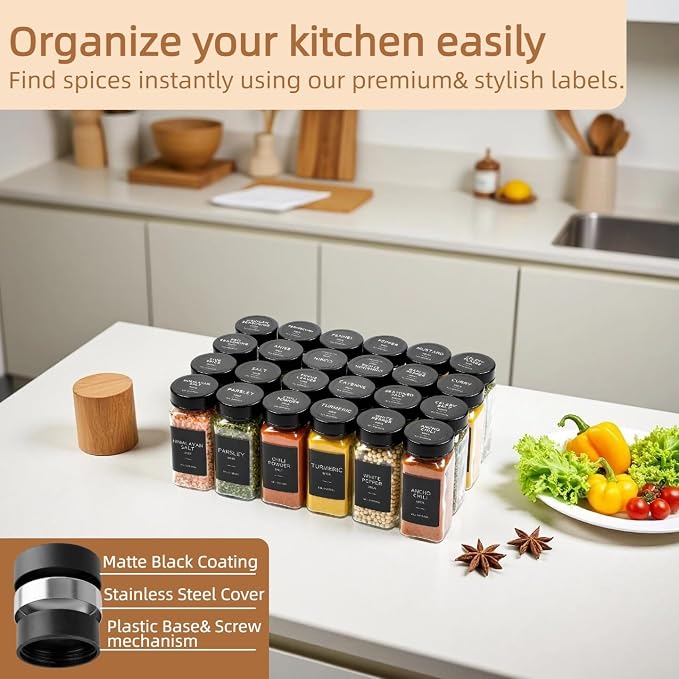 Glass Spice Jars with Label, Seasoning Jars; 26 PCS Black Steel Lids/Airtight Lids Keep Spice Fresh; Pepper Grinder Lid, 360 Labels, Funnel and Brush, Shaker Inserts; 4 oz Jar Set