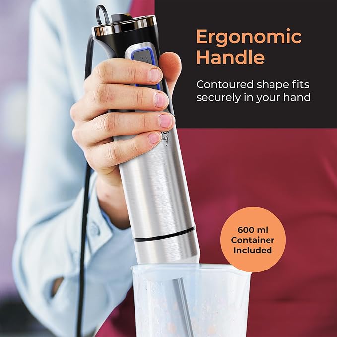 MuellerLiving Immersion Hand Blender - Full Set 7 Attachments, 8 speed | Mixer with 7 Attachments: Stainless Steel Blade, Whisk, Milk Frother, Beater, Mixing Hooks, Potato Masher, Chopper Bowl