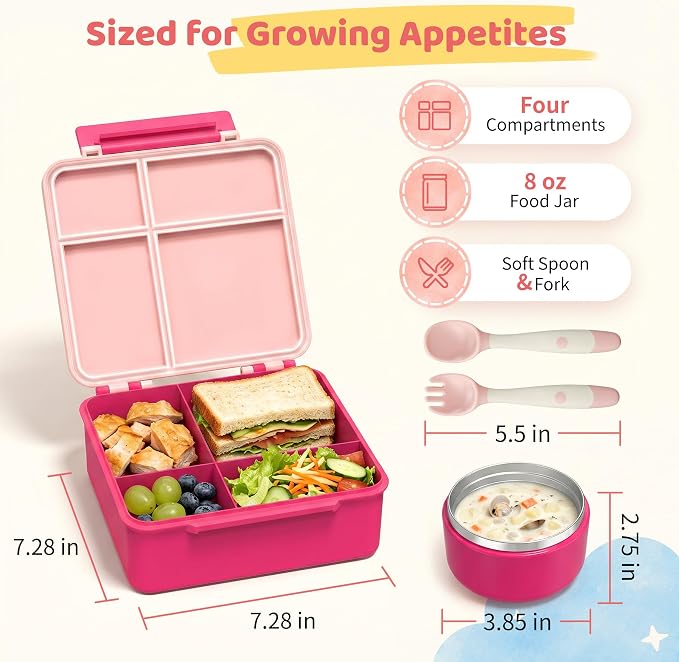 Pawtong Bento Lunch Box with 8oz Soup Thermo, Kids Leakproof Lunch Food Containers with 4 Compartment, Kids Thermo Insulated Hot Food Jar for School, Trvael - (Pink)