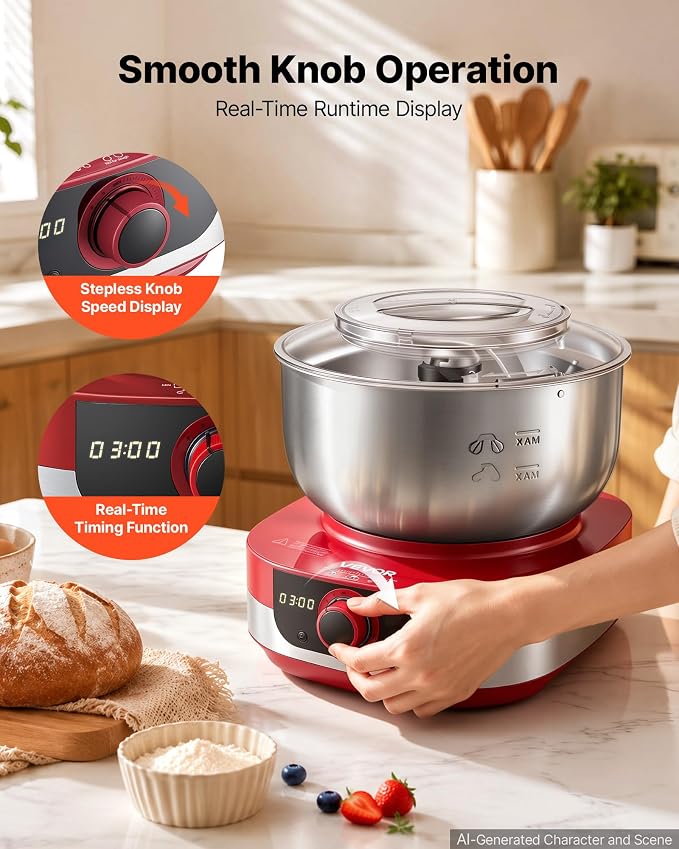 VEVOR 5.3 Qt Electric Dough Maker 500W Stand Mixer Removable Lid, Stepless Speed Adjustment Food Kitchen Mixer with Stainless Steel Bowl, Dough Hook, Whisk, Beater, for Pizza Bread Pasta Mochi