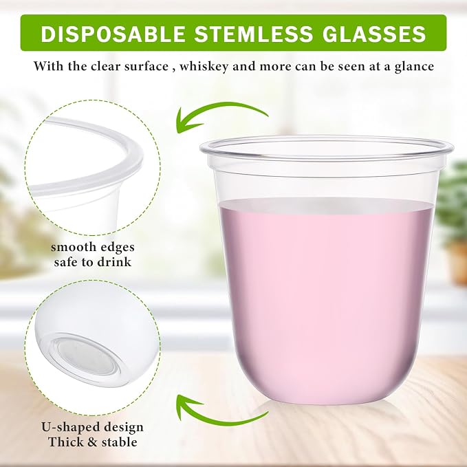 Ziliny 100 Pcs 12oz Plastic Stemless Wine Glasses Disposable, Clear | Plastic Wine Glasses for Parties Weddings Birthdays, Cocktail Drinking Cups, Round Bowl, Bulk Event Supplies