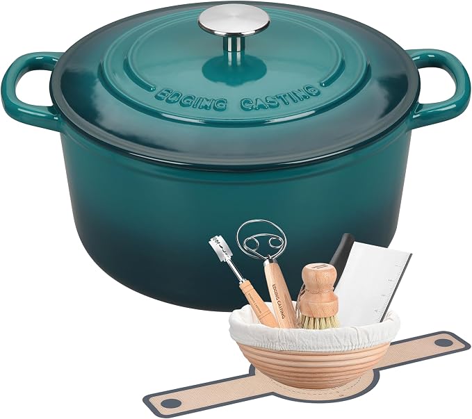 EDGING CASTING Enameled Cast Iron Dutch Oven with Sourdough Bread Baking Kit, Bread Dutch Oven with Lid, Includes Proofing Basket & Baking Tools, 5qt, Darkcyan