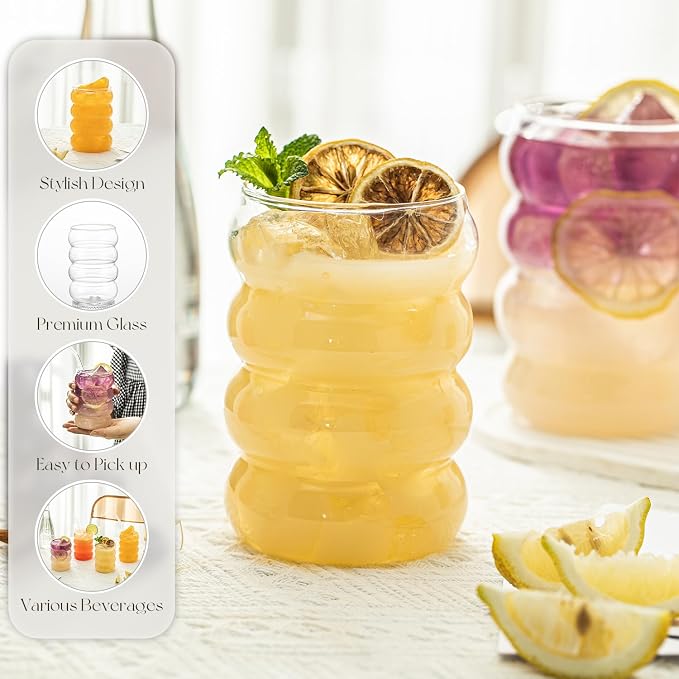 KEMORELA 18oz Wave Shape Beverage Glasses With Straws,Vintage Glass Cups Wine Mugs Set, Ripple Drinking Glasses,for Juice Beer Wine Champagne Cocktail Home Kitchen Bar Mixed Drinks (4PCS)