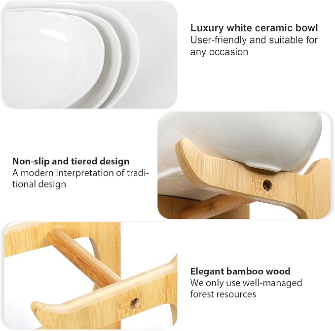 Seven Sparta 3 Tier Fruit Bowl for Kitchen Counter (PLUS Series) / Ceramic Serving Bowls with Bamboo Stand/Big Size Tiered Fruit Basket for Fruit Vegetable Storage, Dessert, Salad Buffet Server
