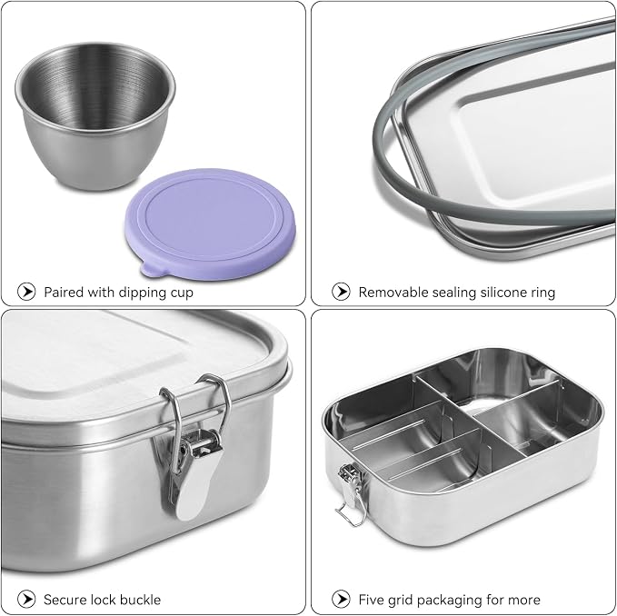 GOLDEN KEY 47oz Stainless Steel Lunch Box for Adults or Kids,1400ml Large & Thickened Metal Lunch Box with 5 Compartments,Eco-friendly Leak-Proof Container with Lockable Clips