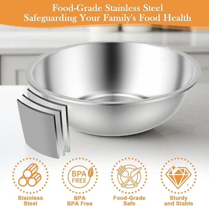 Stainless Steel Mixing Bowls,6PCS Large Mixing Bowl with Non-Slip Mat for Baking & Meal Preppers,13 Inch 8QT Metal Mixing Bowls for Home and Commercial