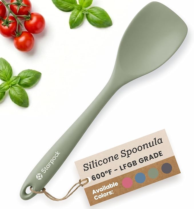 StarPack Silicone Spoonula The All-Rounder 11 Inch - LFGB Spoon Spatula, 600°F Heat Resistant, BPA-Free - One-Piece Seamless, Dishwasher Safe - for Nonstick Cookware, Sage Green