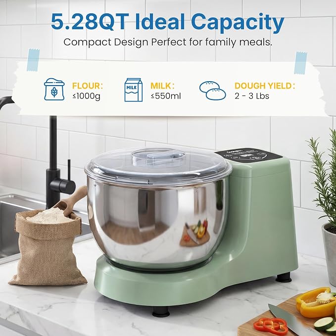 Electric Dough Mixer Maker, 5.3 QT Fermenting and Kneading Flour Mixer Machine with Stainless Steel Bowl & Time Control, Green Stand Mixer for Baking Bread Cake Pizza & Sourdough