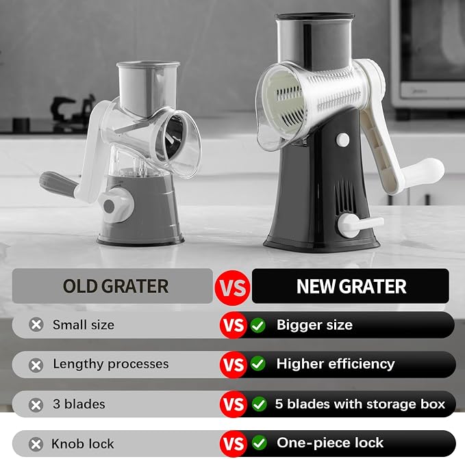 5 in 1 Rotary Cheese Grater Hand Crank, Cheese Shredder with Handle | Replaceable Stainless Blades Cheese Shredder, Cheese Vegetable Slicer, Easy to Clean Kitchen Gadgets with Storage Box