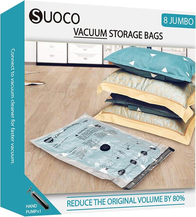 Vacuum Storage Bags, Compression Packing Space Saver Seal Bags for Clothing Bedding Comforters Blankets Pillows, 8 Jumbo