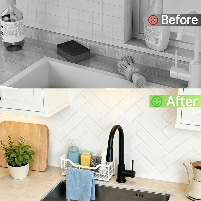 Sponge Holder for Kitchen Sink - Sink Caddy Organizer with Auto Drain Tray, Detachable Towel Rack, Stainless Steel Kitchen Counter Organizer Rack (White)