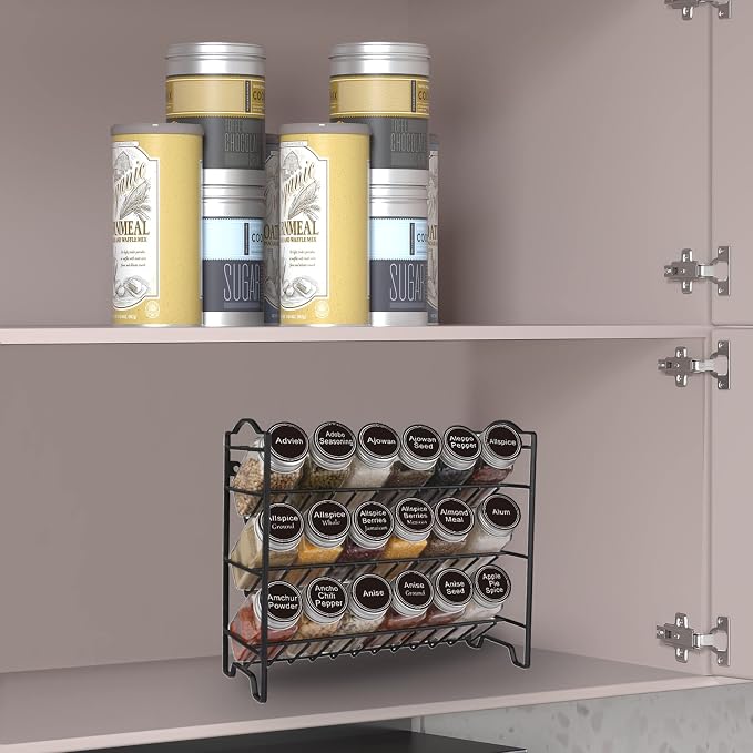 SWOMMOLY Spice Rack Organizer with 18 Spice Jars 4 oz, 396 Spice Labels | Chalk Marker, Funnel Set, Spice Organizer for Cabinet, Countertop, Pantry, Cupboard & Wall Mount, 11.2" W × 9.9" H, Black