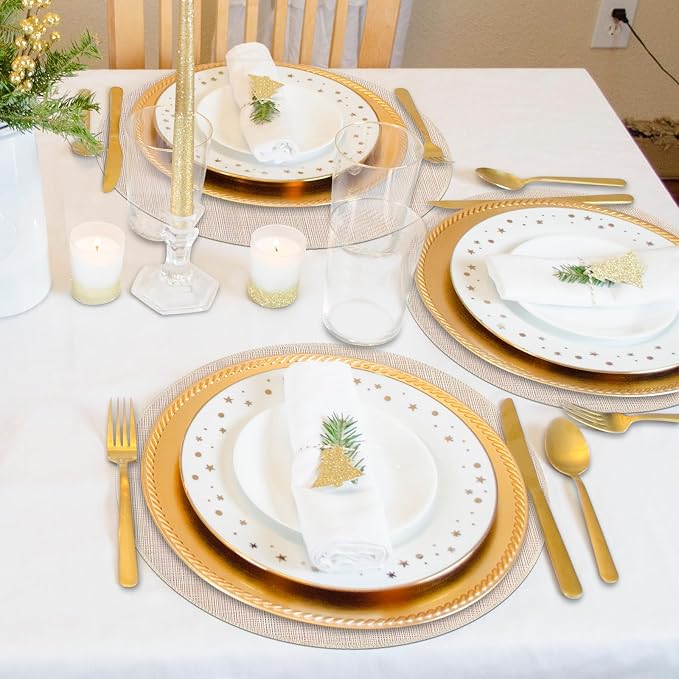 Beige Round Placemats Set of 4, 15 Inch Washable Easy to Clean Heat-Resistant Anti-Skid Beige Placemats for Holiday Party Kitchen Dining Room Decoration
