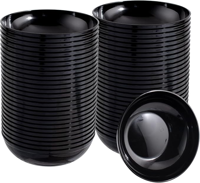 bUCLA 50Pack Black Plastic Bowls - 10oz Disposable Black Plastic Salsa/Serving Bowls - Ideal for Party & Graduation
