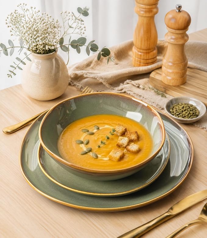 Ceramic Dinnerware Set for 4, 12-Piece Plates and Bowls Set | Handmade Reactive Glaze Dish Set, Scratch Resistant, Oven & Microwave & Dishwasher Safe, Sage Umber