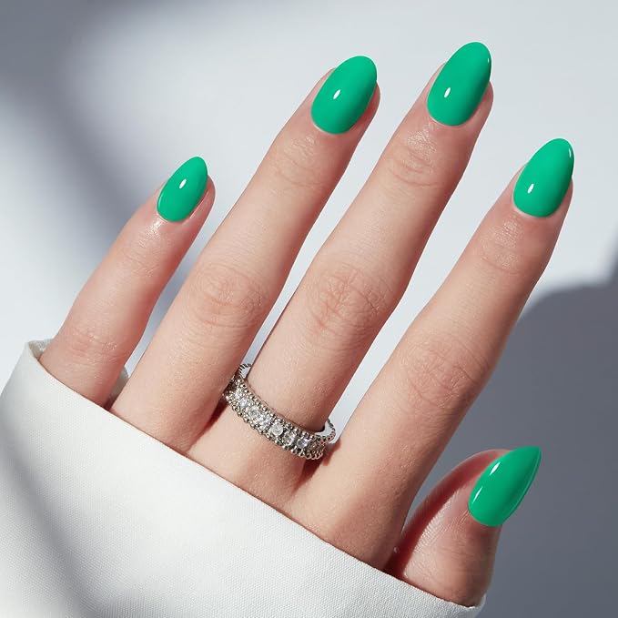 modelones Bright Green Short Press on Nails, Oval Fake Nails Kit | Press Ons with Nail Glue, Adhesive Tabs, Nail File, Prep Pad, Manicure Stick, 32Pcs 16 Sizes, Summer Women Girl Gift