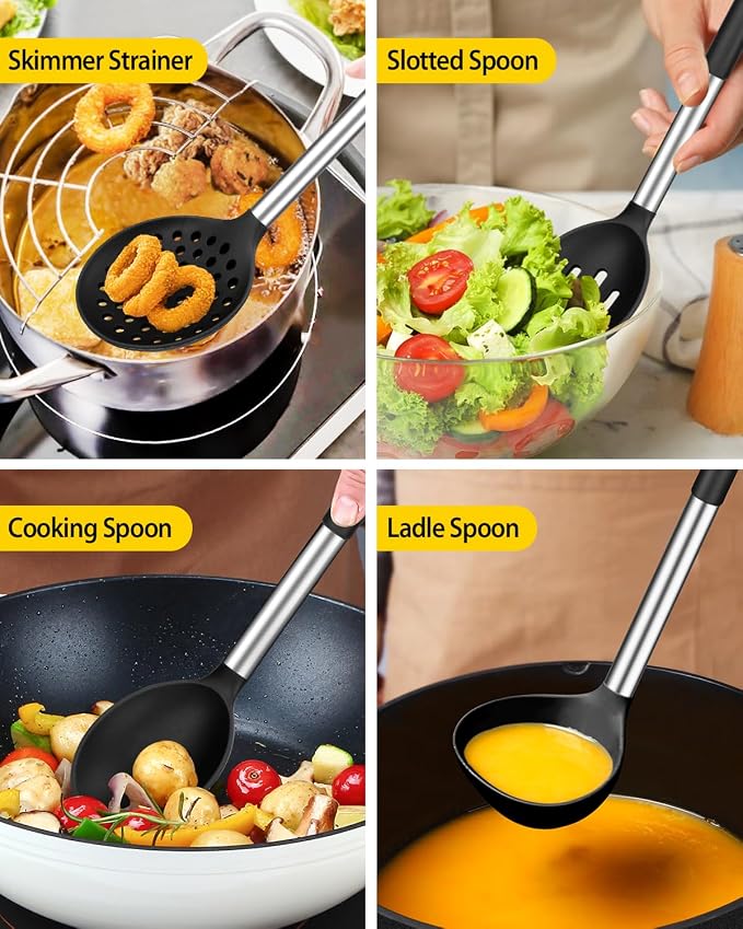Silicone Cooking Utensils Set, 8 Pcs Kitchen Utensils with Holder, Black | BPA Free and Heat Resistant, Kitchen Tools for Non Stick Cookware include Spatulas, Turners, Spoons, Skimmer and Pasta Fork