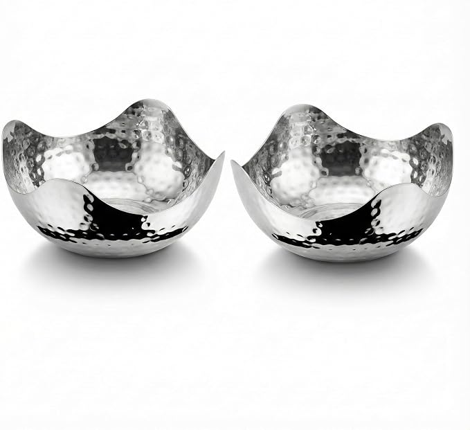 Elegance Hammered 6-Inch Stainless Steel Wave Serving Bowls, Set of 2, Silver