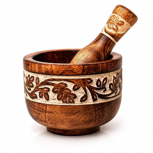 Handmade Wooden Mortar & Pestle Set, Herb Spice Garlic Masala Grinder Bowl | Rustic manual kharal crusher for ginger, peppercorns, seasonings, pesto, guacamole, pill crusher, easy to clean, kitchen prep