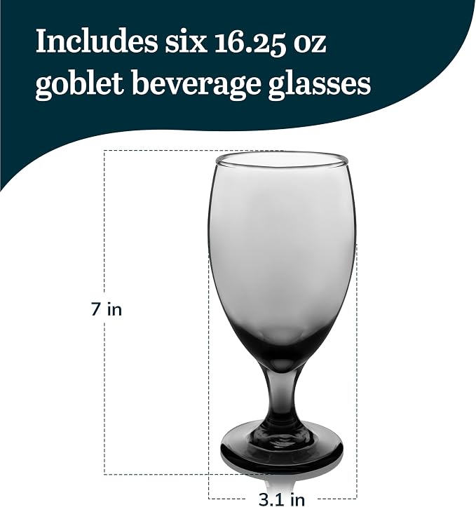 Libbey Classic Smoke Goblet Beverage Glasses, Set Of 6 Timeless Goblet Drinking Glasses - Dishwasher Safe Glass Goblets for Wines, Smoothies & More