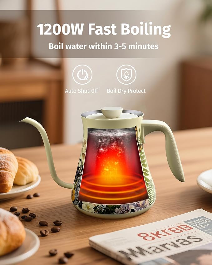 INFOOD 0.8L Gooseneck Electric Kettle, Precise Temperature Control for Pour Over Coffee & Tea, 1200W Fast Boiling Water, Auto Shut Off, Scheduling, Stainless Steel, Floral Painted Design