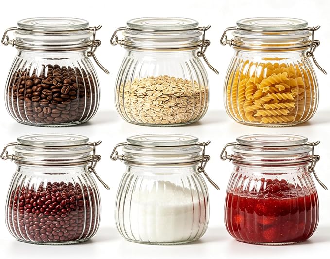 ComSaf Small Ribbed Glass Jars with Airtight Lids 17 oz 6 Pack Wide Mouth | Flour sugar coffee beans, Fermenting pickling, Farmhouse pantry decor, Jam jelly honey, Nuts snacks spices, Kitchen storage