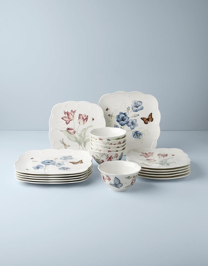 Lenox Butterfly Meadow Square Porcelain 18-Piece Dinnerware Set for 6 | ceramic, dishwasher safe, microwave safe | plates and bowls sets for kitchen and dining, dish set, dishes