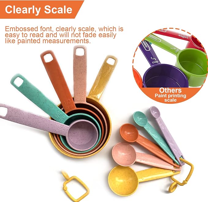 Plastic Measuring Cups and Spoons Set - 10 Pcs Colorful Kitchen Measuring Tool, Engraved Metric/US Markings Stackable Silicone Measure Cup for Liquid & Dry Measuring, Cooking & Baking, Random Color