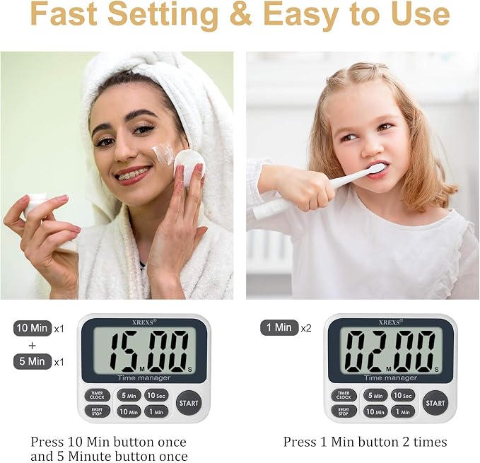 XREXS Digital Kitchen Timer, Magnetic Countdown Up Cooking Timer | with Large LCD Display, Adjustable Volume, Loud Alarm & Strong Magnet for Teachers (Batteries Included)
