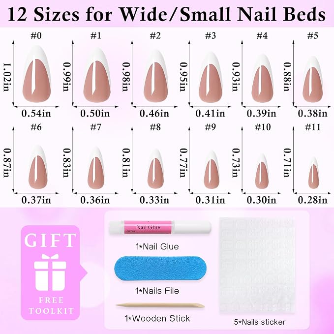 240pc White French Tip Press on Nails Medium Almond Acrylic Nail, Coffee Press ons Fake Nails with Glue & Tabs, 12 Sizes Glue on Nails Medium Press-on Nail Almond Stick on Nail for Women Girls