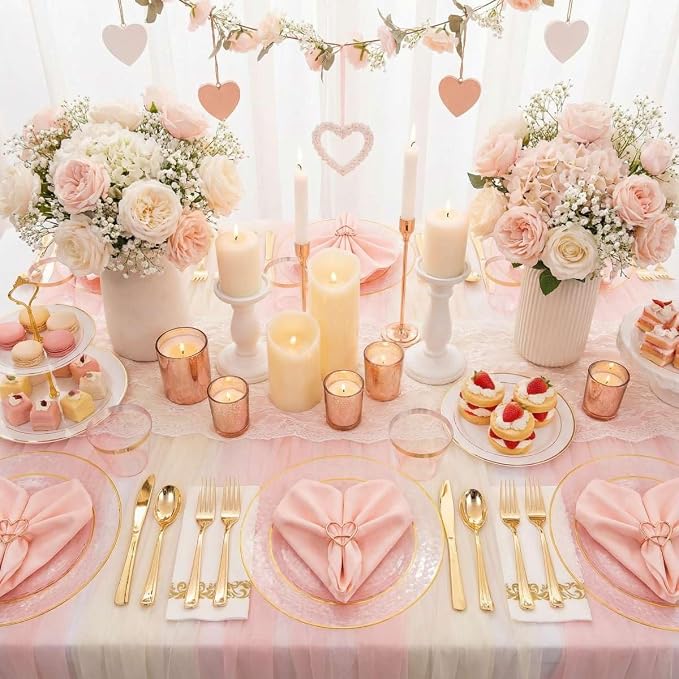 DaYammi 175PCS Clear Pink Plastic Dinnerware Set for 25 Guests, Hammered Disposable Plates for Party, Include: 25 Dinner Plates, 25 Dessert Plates, 75 Gold Silverware, 25 Napkins, 25 Cups