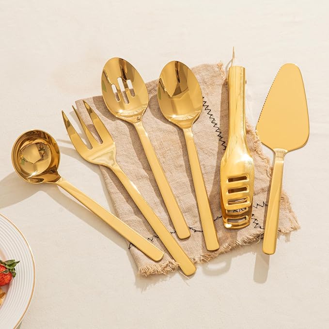 18/10 Large Hostess Gold Serving Utensils,Stainless Steel Serving | Heavy Duty Serving Set, 10 inch Serving Spoons, Slotted Spoons, Forks, Tongs, Cake Pie Server for Buffet, Wedding, Parties
