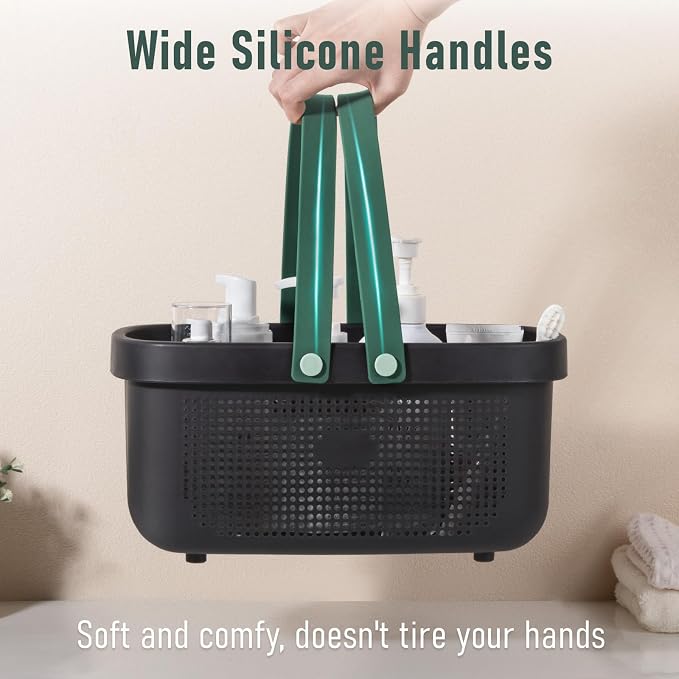 Portable Shower Caddy Basket with Handle Plastic Storage Basket Black Green | Sturdy Drainage Large Capacity Organizer Basket with Silicone Handles for Bathroom Kitchen Bedroom College Dorm Essentials