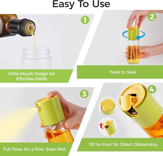 LHS Olive Oil Sprayer and Dispenser 2 in 1, 10oz/300ml, Green | Oil Mister & Pourer, Portion Control, Food Grade, For Air Fryer, Cooking, Salad, BBQ, Frying
