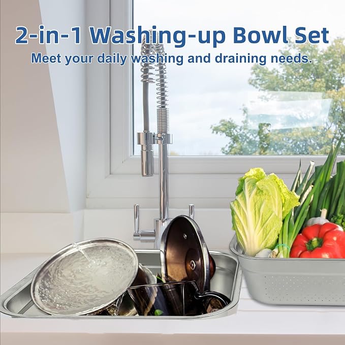 2-in-1 Stainless Steel Washing Up Bowl Set, 12.8" Sturdy Square Dish Tub with Colander, Fruit Vegetable Washing Basin for Sink, Food Grade Dishpan for Draining Rice, Pasta, Food Strainer Mixing Bowl