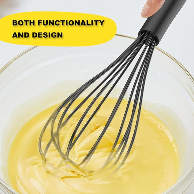 NileHome Silicone Whisk Set 8" 10" Kitchen Whisk Kitchen Wisk Wire Whisks for Cooking, Whisking, Blending, Beating, Stirring-Black