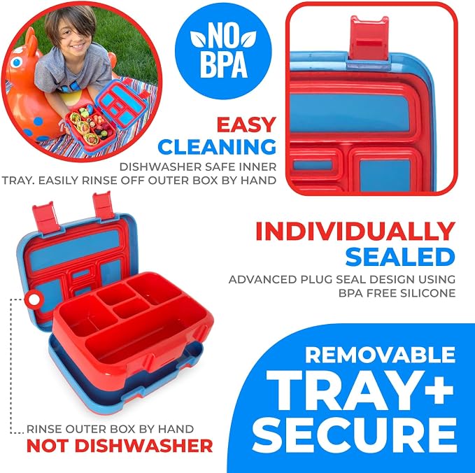 kinsho Kids Bento Lunch Box, Water Bottle, Ice Pack & Bag Set, Blue Pirates | 5 Leakproof Portion Compartments, BPA-Free Removable Tray, Insulated Meal, Snack Container for Toddlers, Pre-School & Daycare
