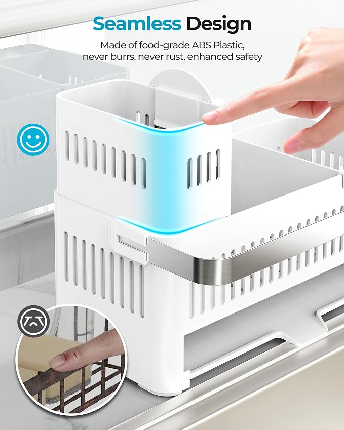 Nieifi Sponge Holder, White Rustproof ABS Sink Caddy with Towel Rack | Smiley Sponge and Brush Holders with Drainage to Keep Items Dry. 10"L x 4.5"D. Kitchen Counter Organizer & Essential Storage.