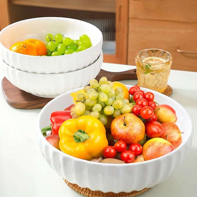 4 Quarts 2 Pcs Extra Large White Serving Bowls with Free Spoons, 12 inch Oversized Big Salad Bowls For Entertaining, Eating, Ceramic Serving Dishes, Pumpkin Serving Bowl Set For Fruit Soup Pasta