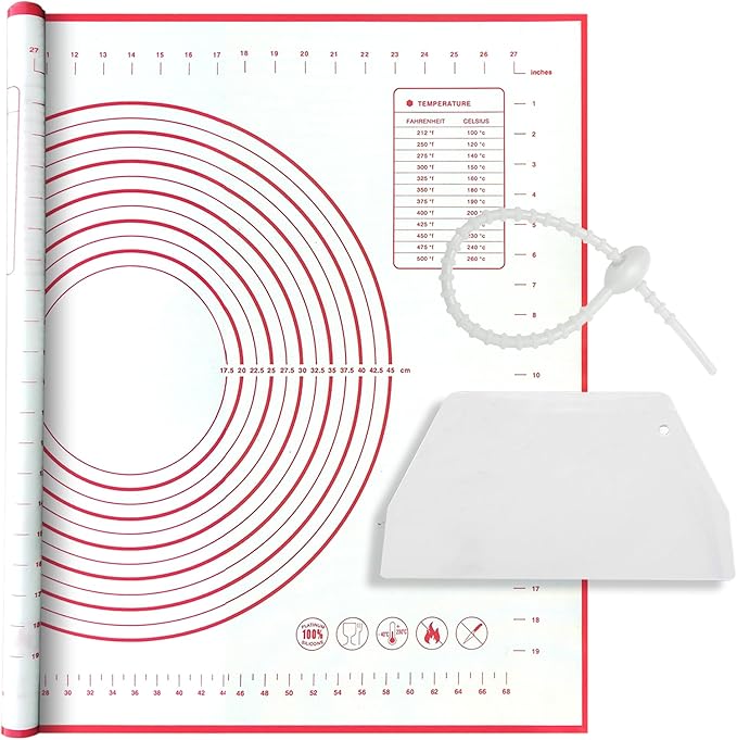 Silicone Baking Mat, 32x24 inch Non Stick Kneading Mat for Rolling Dough | Anti-slip, Heat Reststant, Dishwasher Safe, With Cable Ties &Crem Scraper, With Measurement