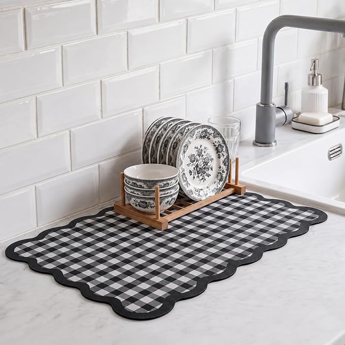 Black and White Scalloped Gingham Coffee Mat 12" x 20" | Absorbent Bar Mat Gingham Espresso Matt with Non Slip Rubber Backing for Coffee Countertops