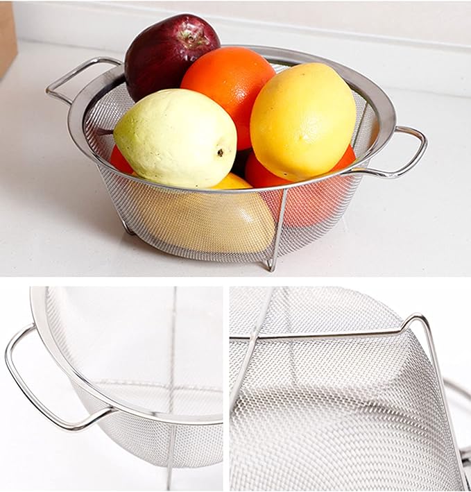 AJIODA Stainless Steel Mesh Colander Strainer Basket, 4 Quart Fine Mesh Net Colander with Heavy Duty Handles & Wide Rim & Resting Feet for Strain, Drain, Rinse, Fry, Steam or Cook Vegetables & Pasta
