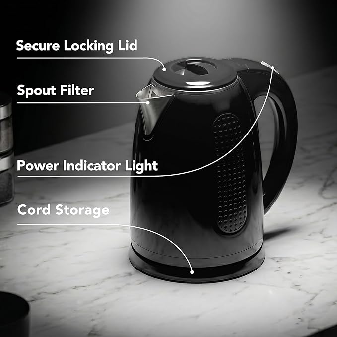 OVENTE 1.7L Double Wall Electric Tea Kettle, 1100W Power, Black KD64B | Water Boiler with Cool-Touch Exterior, Stainless Steel Interior, Auto Shut-Off, Boil-Dry Protection & Locking Lid, Easy Clean