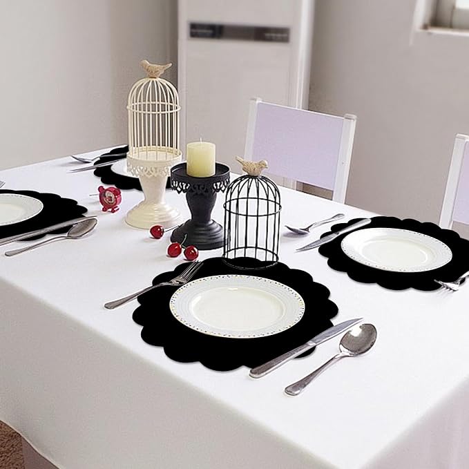 50 Pcs Black Paper Placemats Disposable, 13.5 Inch Disposable Scalloped Placemat for Birthday Wedding Baby Shower Banquet Tea Party