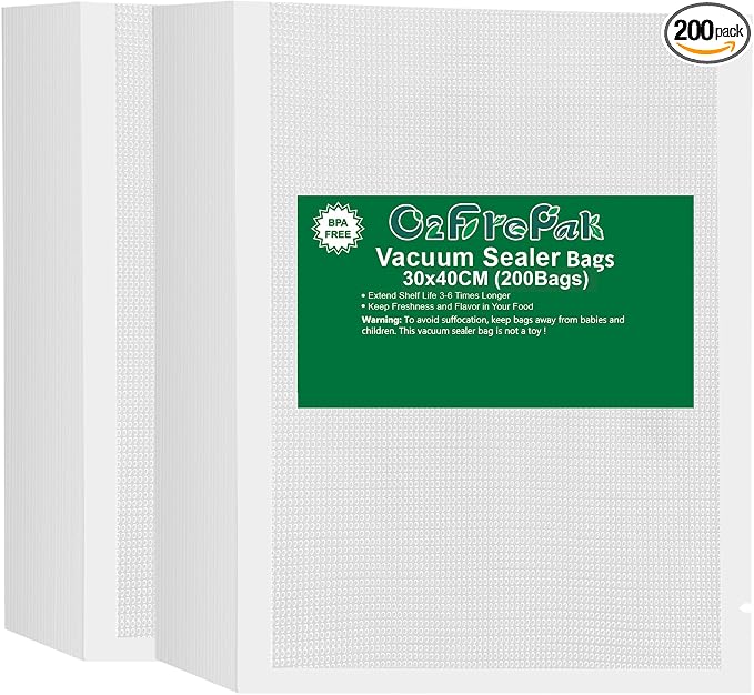 O2frepak Big Gallon 12"x16" Vacuum Sealer Bags 200ct for Food Storage | BPA Free PreCut Food Grade,Commercial Grade,Heavy Duty Vacuum Food Freezer Bags,Great for Sous Vide Vacuum Sealer